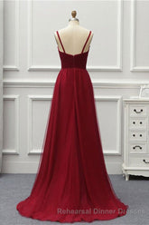 A Line High Low Tulle Semi Formal Prom Dress with Train, Burgundy V Neck Backless Semi Formal Prom Dress